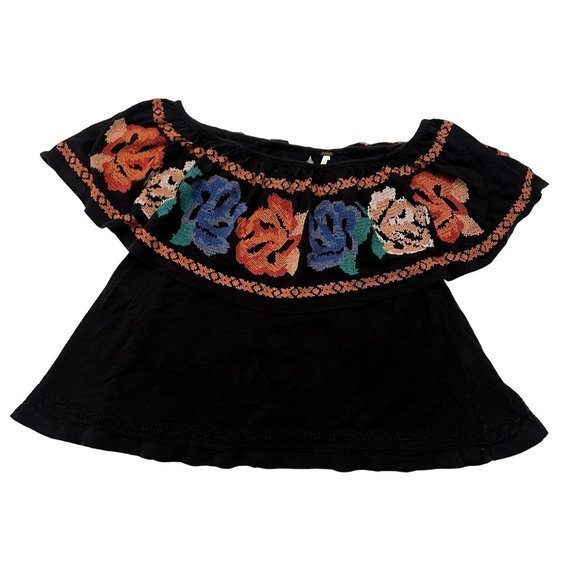 Free People Off‎ The Shoulder Black Cross Stitch floral Ebroidered Blouse Size M - Picture 2 of 5